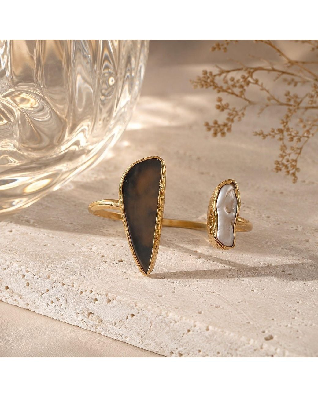By Ozge Metallic Neutrals Moon & Shadow Plated Cuff Bracelet