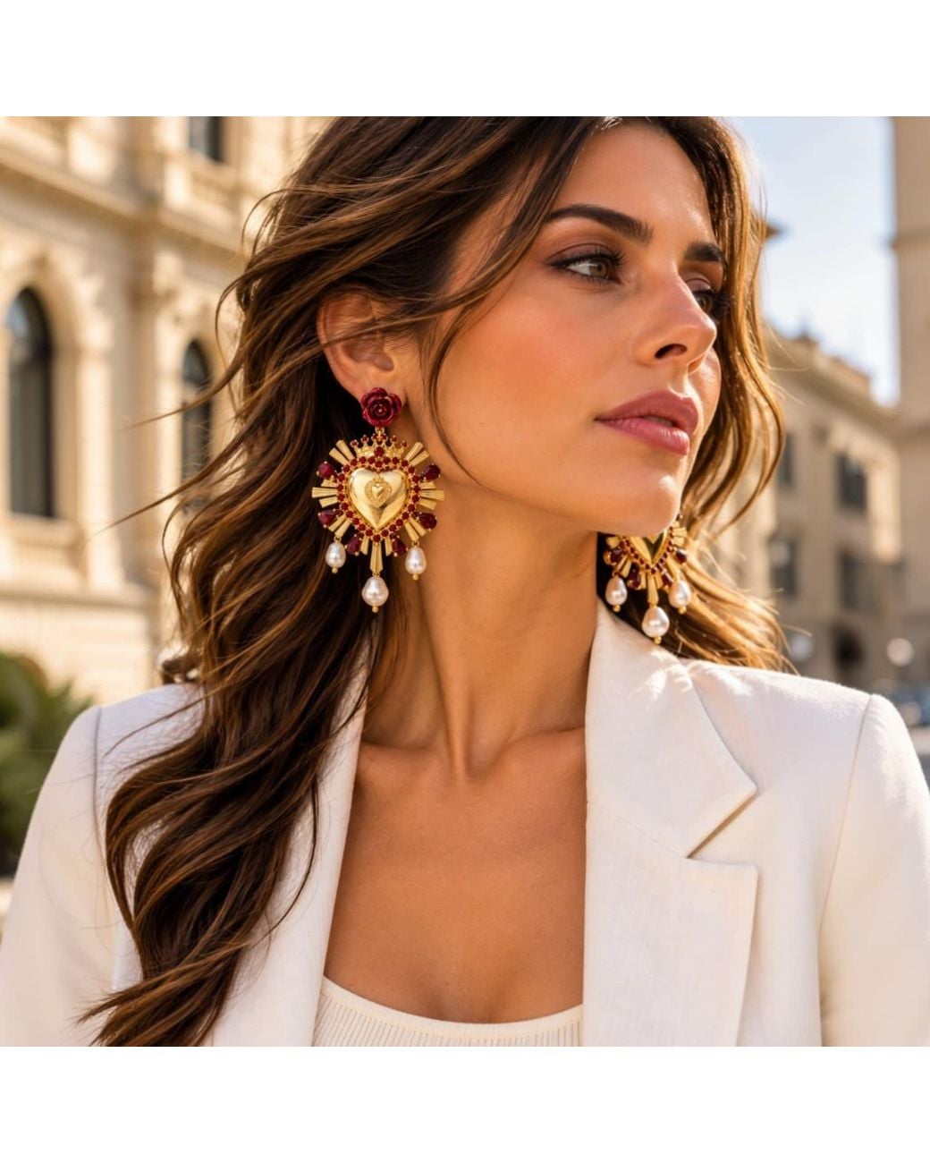 Vstyle Metallic Radiant Sacred Heart Pearl Earrings