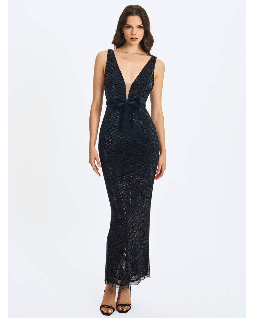 Miss Circle New York Black Olympia Belted Bow Plunging Rhinestone Maxi Dress