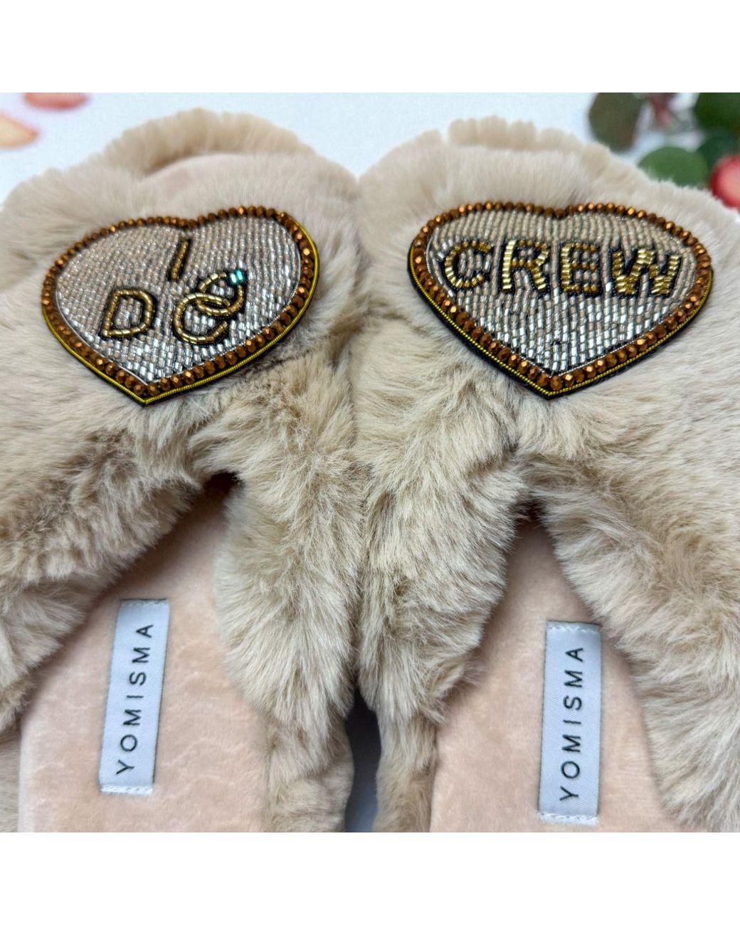Yomisma Metallic Neutrals Eco Faux Fur Slippers – Recycled Faux Fur + I Do Crew Wedding Removable Hand Beaded Brooches