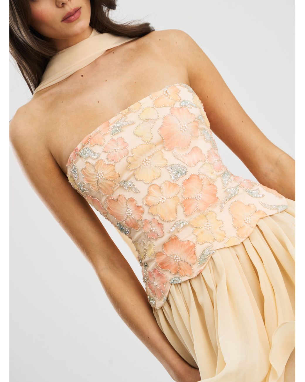 Miss Circle New York Natural Quanisha Beaded Floral Mini Chiffon Dress With Scarf