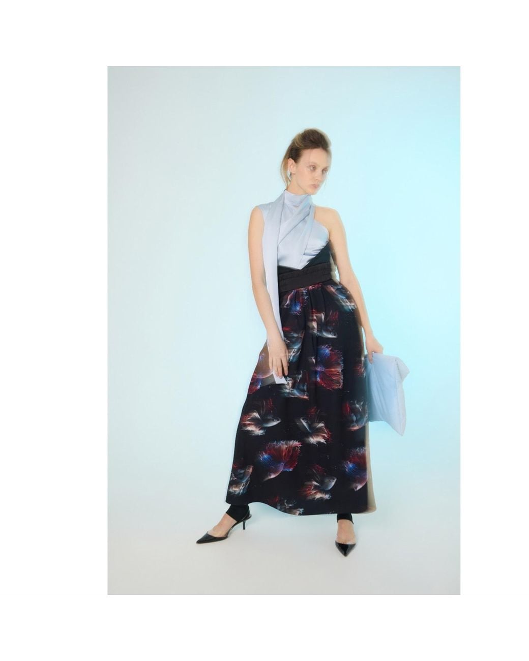Julia Allert Blue Asymmetrical Satin Top With Choker Collar Light