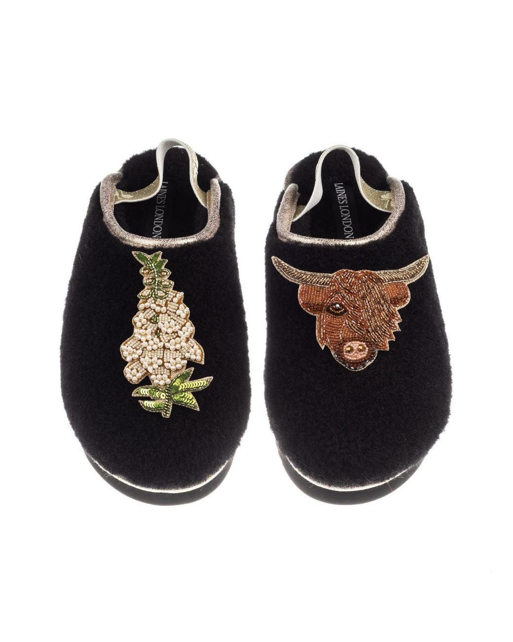 Laines London Black Flatform Cloud Closed Toe Slippers With Highland Cow & Foxglove Flower Brooches