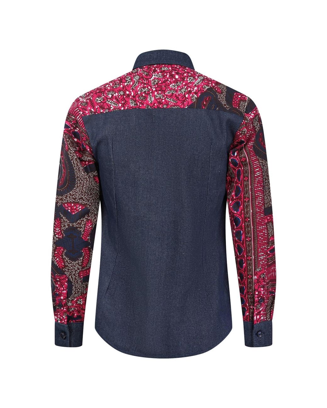 Ohema Ohene Blue Denim & African Print Cotton Shirt – Contrast Panel for men