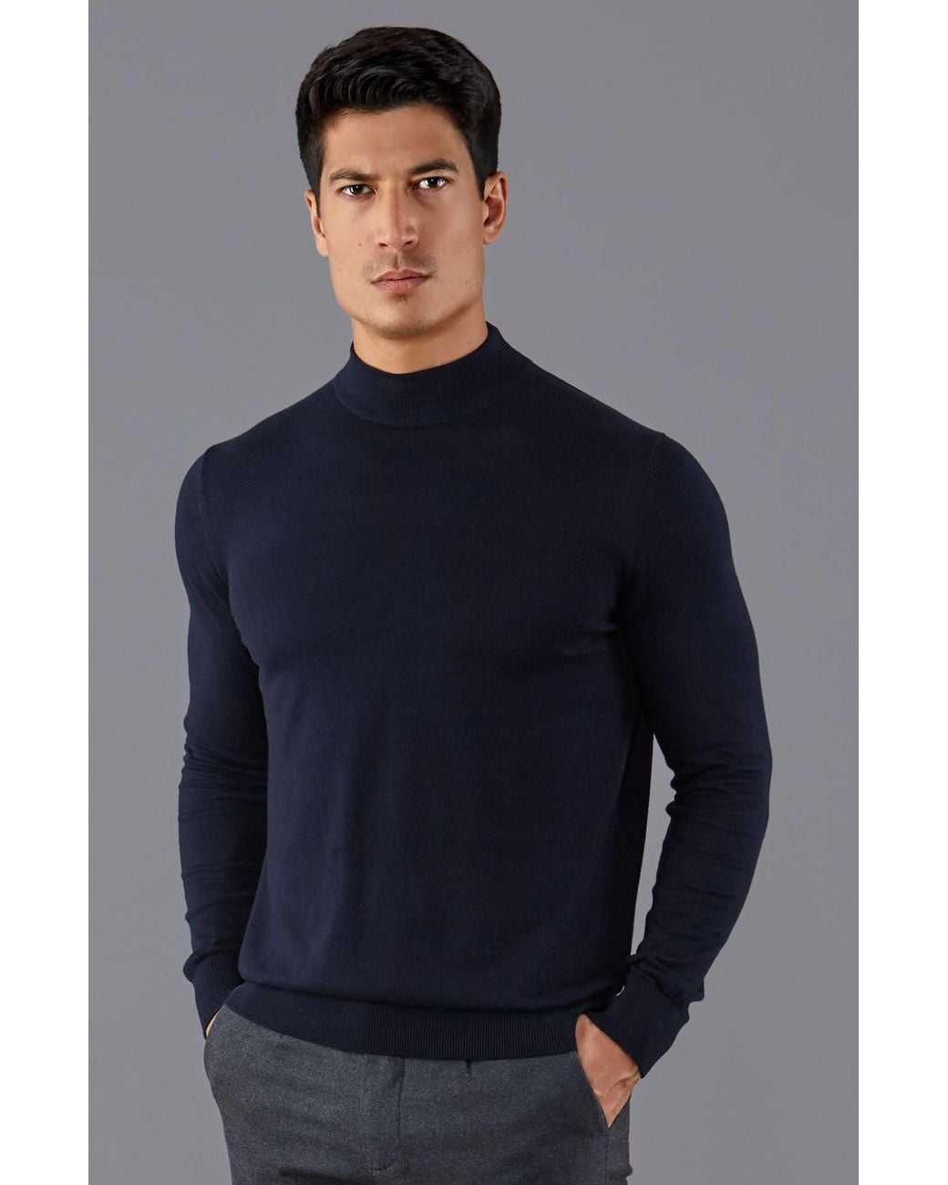 Paul James Knitwear Blue Ultra Fine Cotton Mock Turtle Neck Spencer Jumper for men
