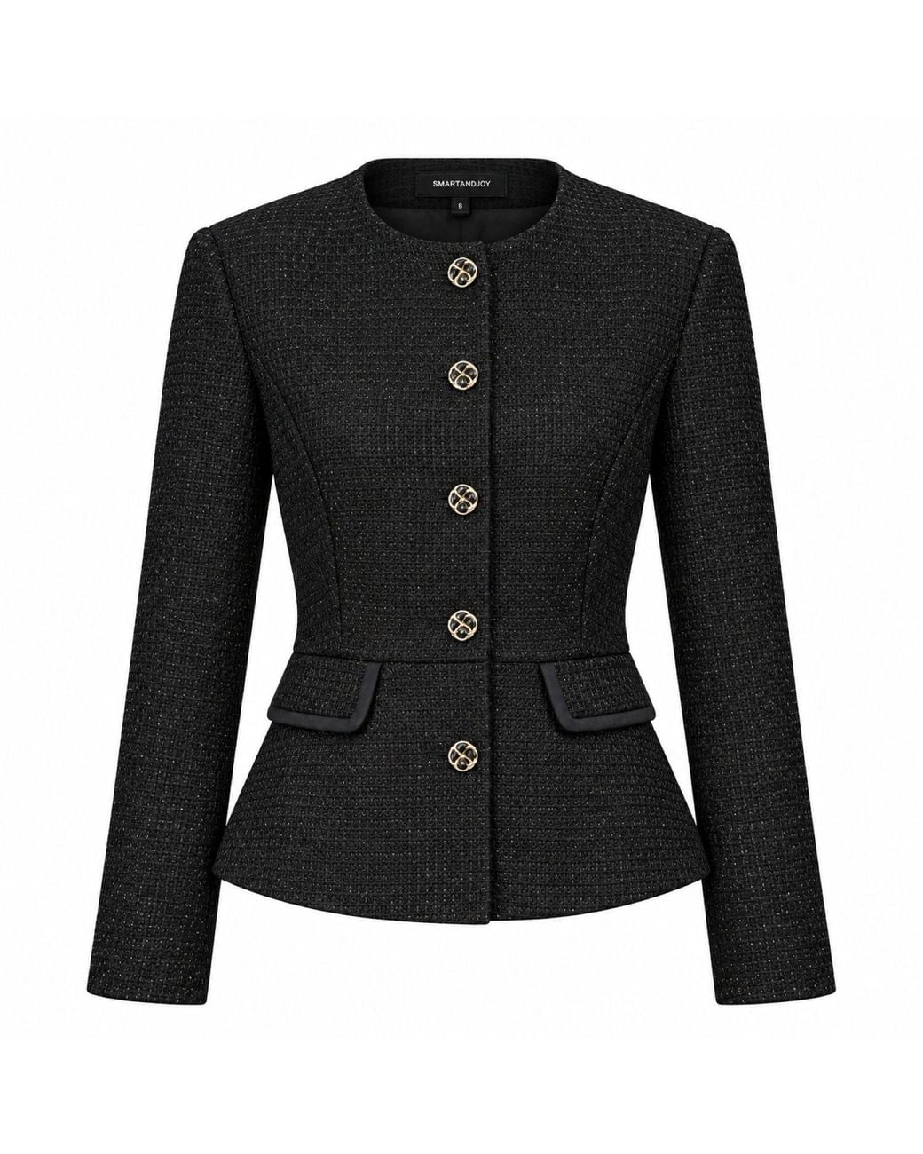 Smart and Joy Black Textured Tailored Jacket With Jewelled Buttons