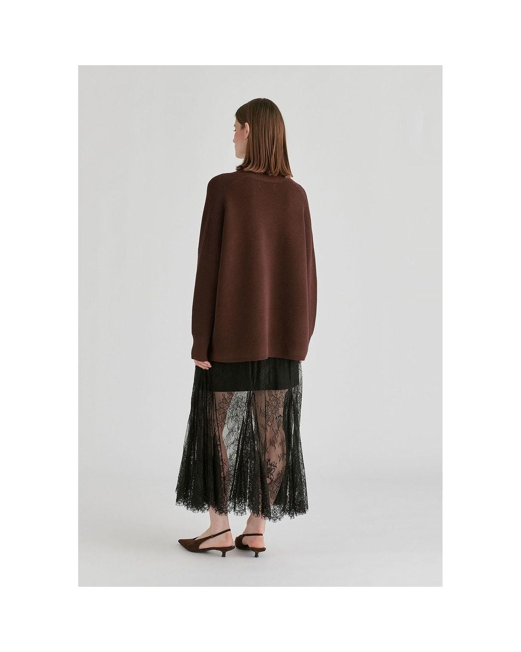 Paisie Brown Shawl Collar Ribbed Jumper