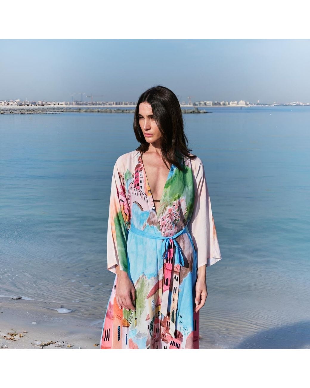 DHARA SHETH DUBAI Blue La Riviera Printed Long Kimono