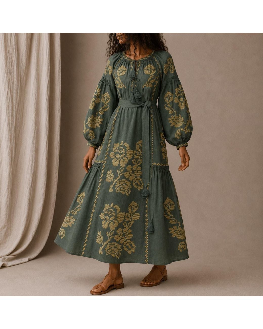 Annabo Green Elysian Garden Linen Midi Dress