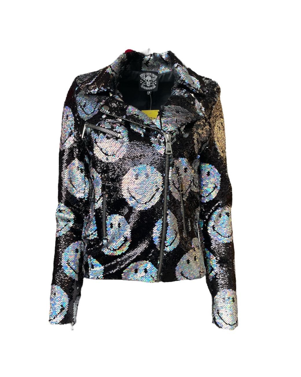 Any Old Iron Black Iridescent Smiley Reversible Sequin Moto Jacket