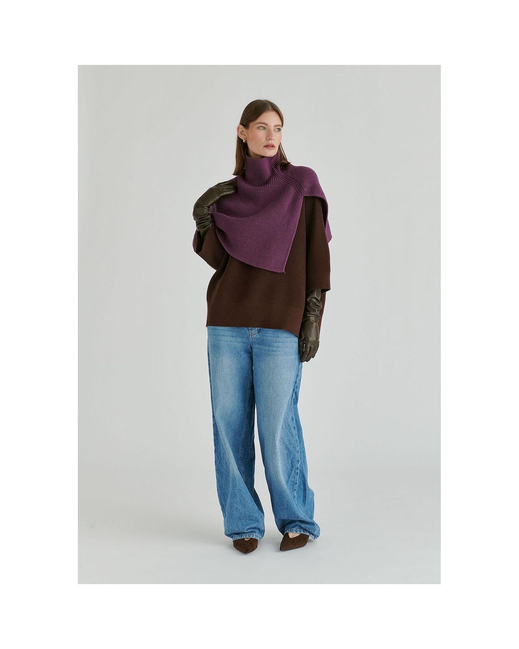 Paisie Brown Mock Neck Cropped Sleeve Ribbed Jumper