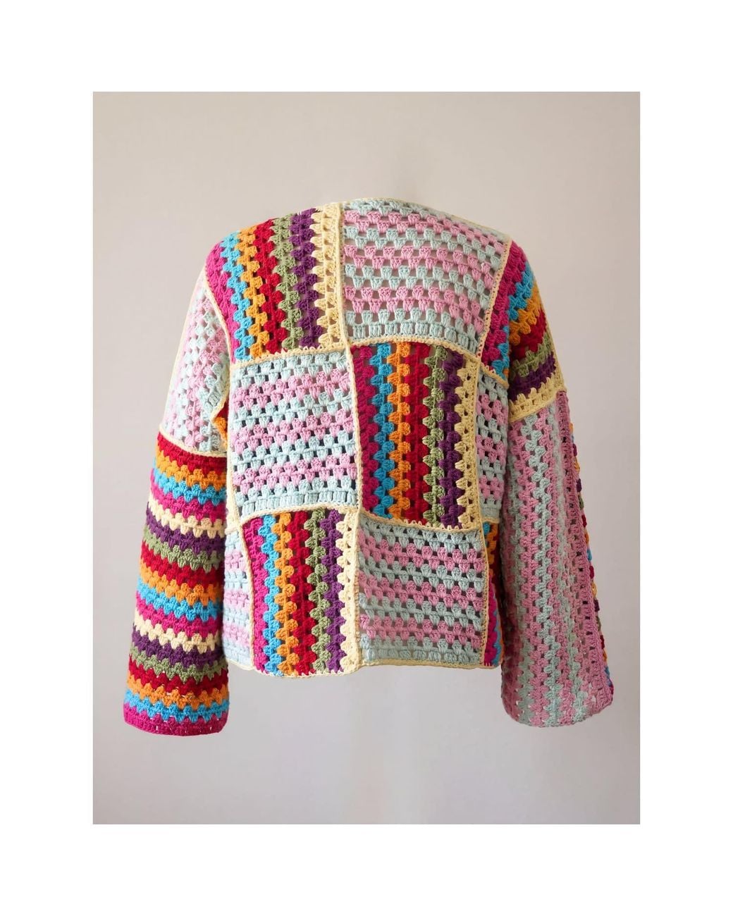 Ana Chic Red Striped Patchwork Handmade Crochet Cardigan