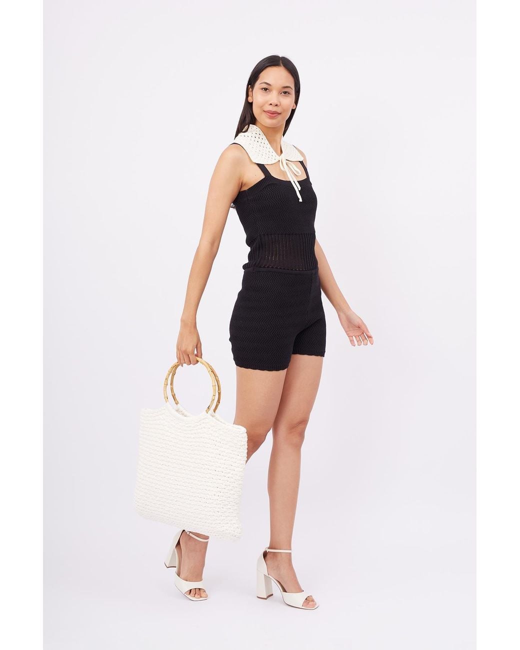 Peraluna Black Iris Openwork Harringborn Knit Playsuit