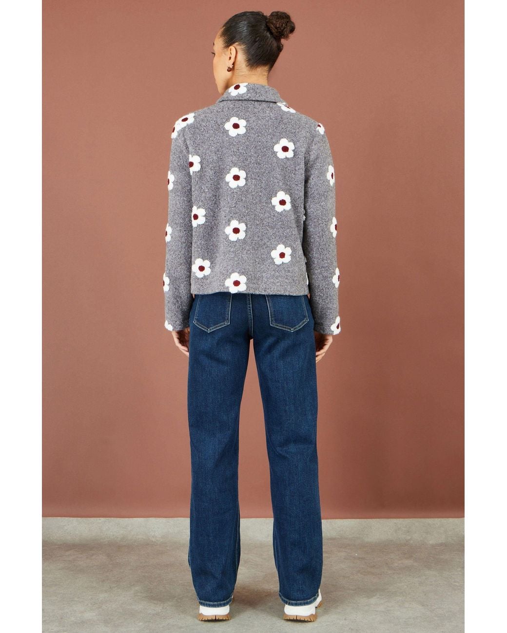 Yumi' Gray Embroidered Daisy Fleece Jacket