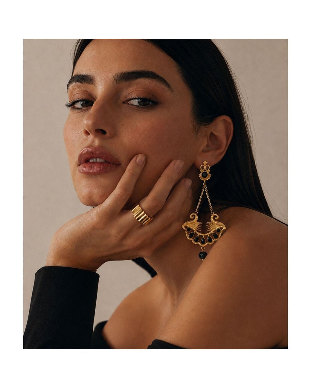 ADIBA Metallic Pharaoh Lotus Royale Onyx Earrings