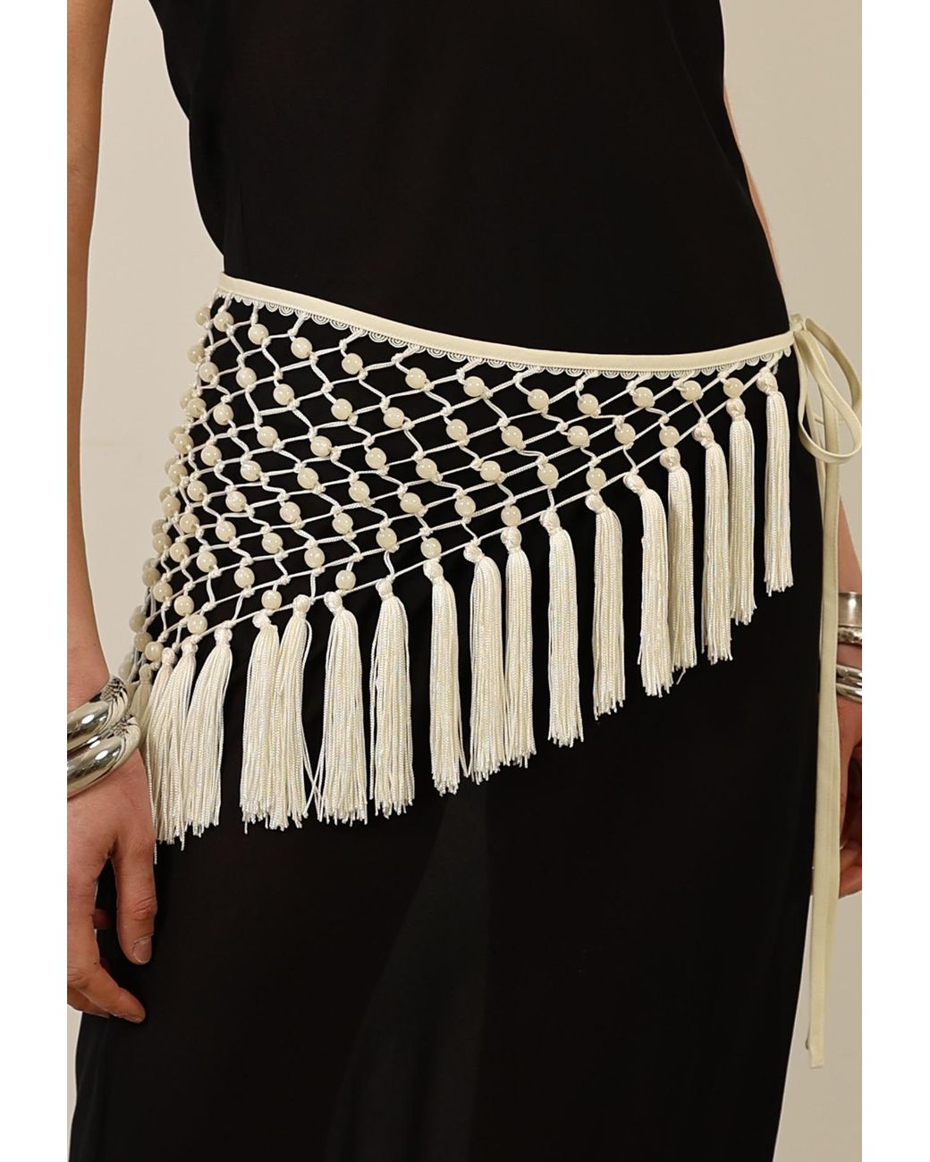 Tohen White Neutrals Beaded Scarf Cream