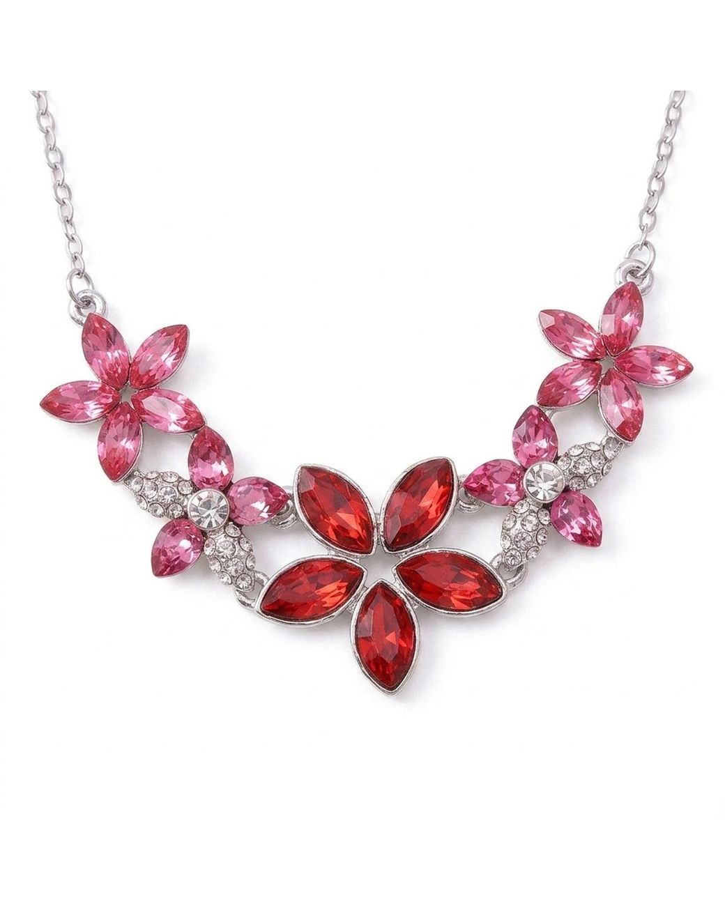 Modenaire Red Fuchsia Floral Crystal Statement Necklace