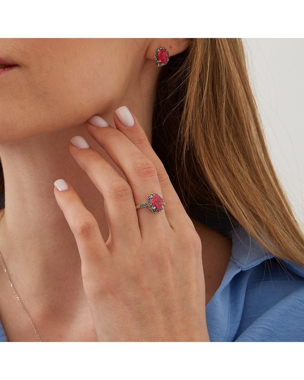 Spero London Pink Circle Opal High Quality Sterling Necklace Earring Ring Set