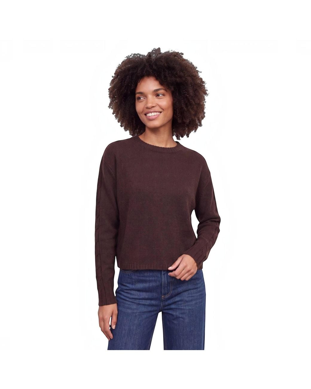 Brodie Cashmere Brown Cable Sleeve Crew