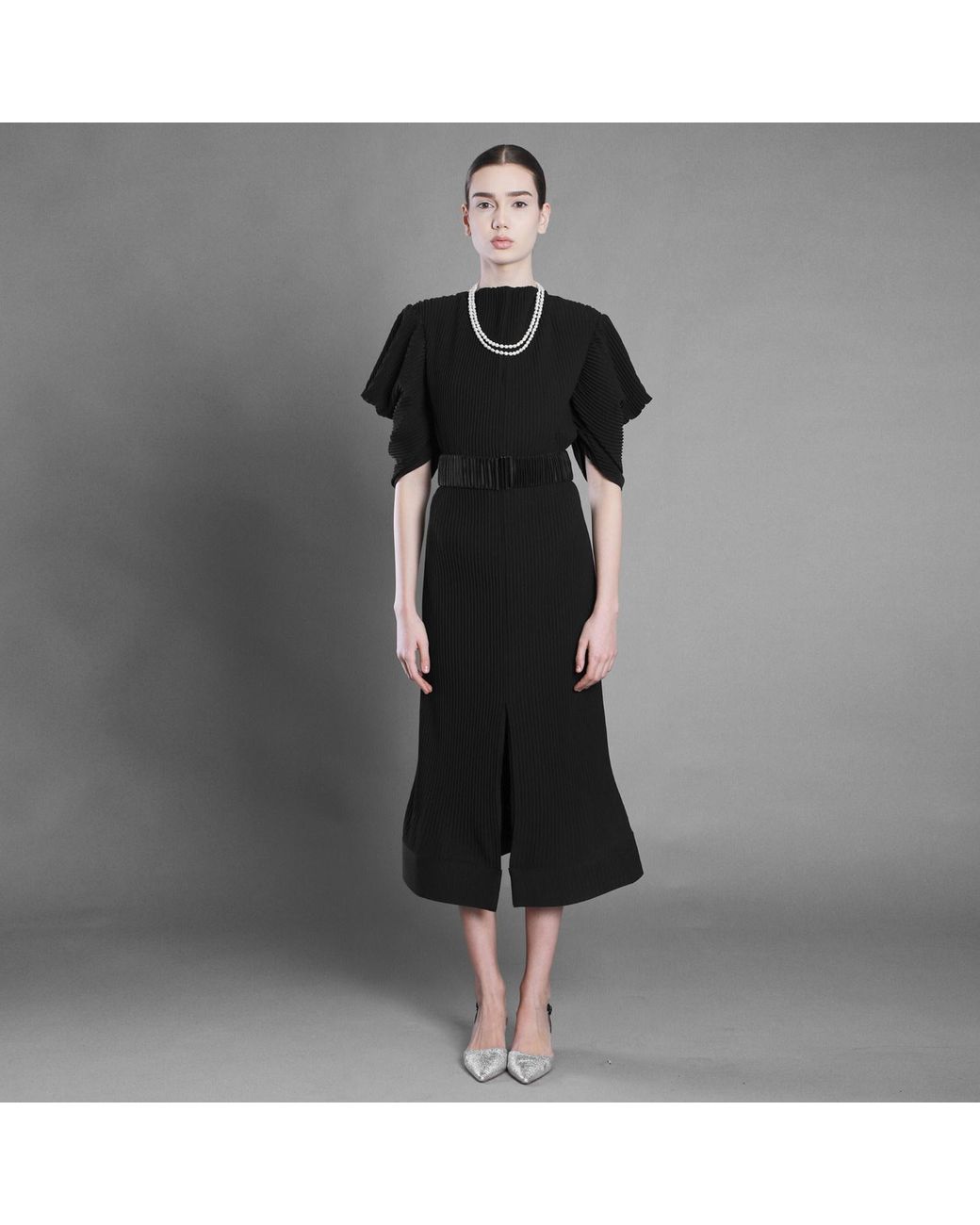 Silvia Serban Black V Neckline Pleated Crepe Dress