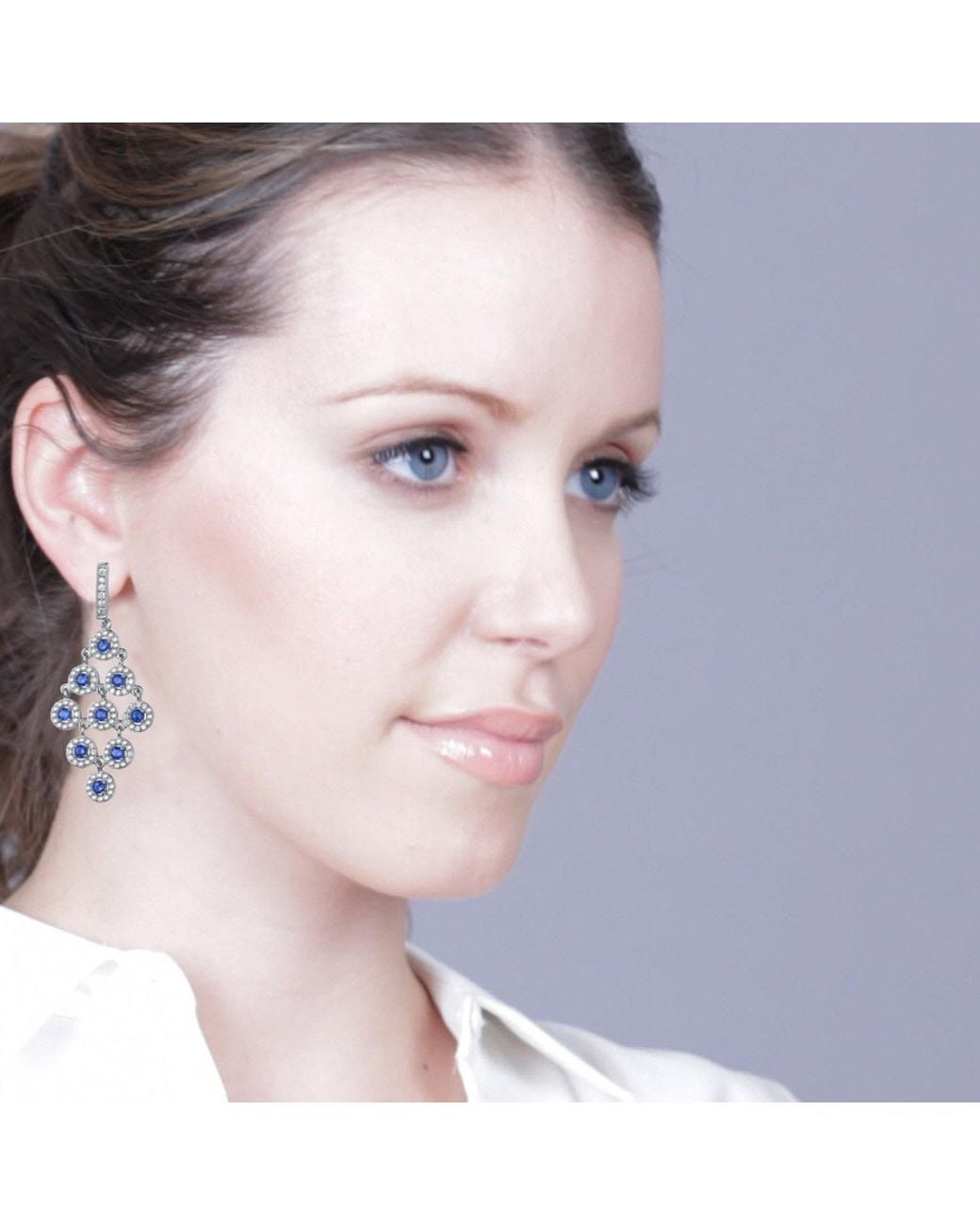 Genevive Jewelry Blue Cubic Zirconia Sterling Rhodium Plated Sapphire Round Chandelier Earrings