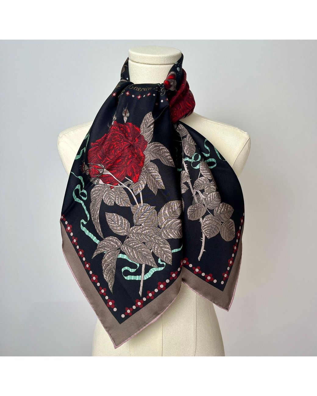 Wenzi Black Midnight Roses Rouge Double Sided Silk Twill Scarf