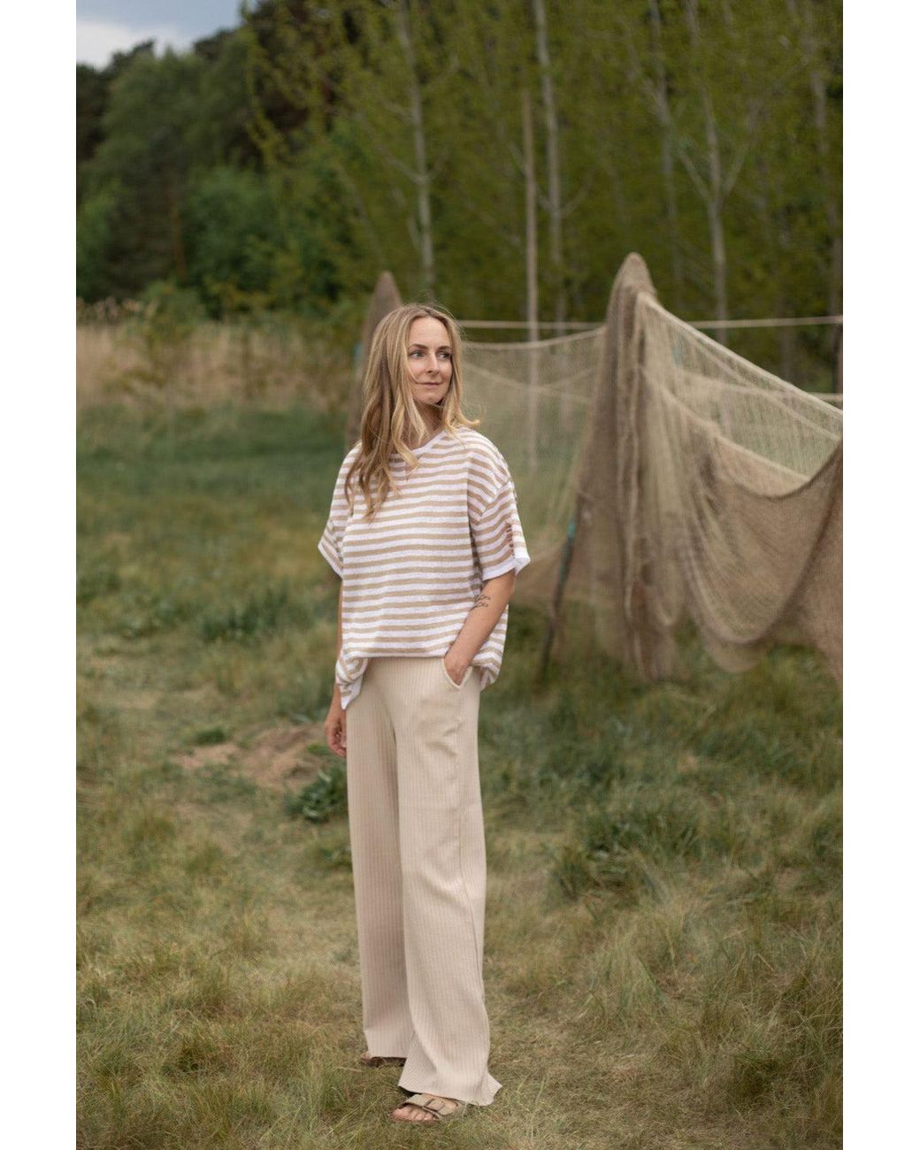 SALANIDA White Energia Ripped Linen T-Shirt Caramel Striped