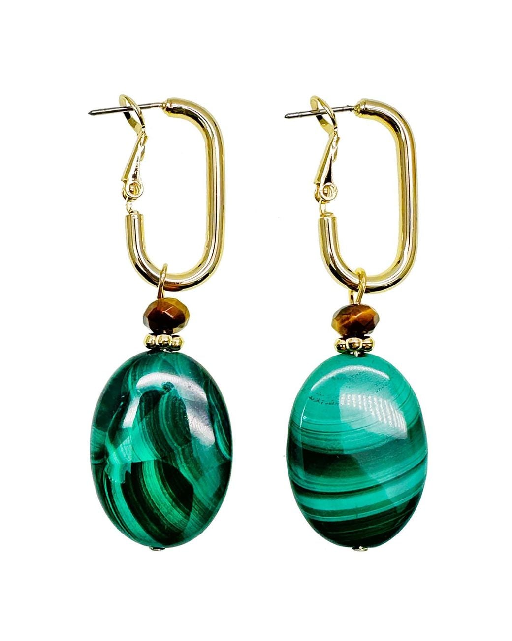 Farra Green Oval Malachite With Tiger Stone Chic Earrings