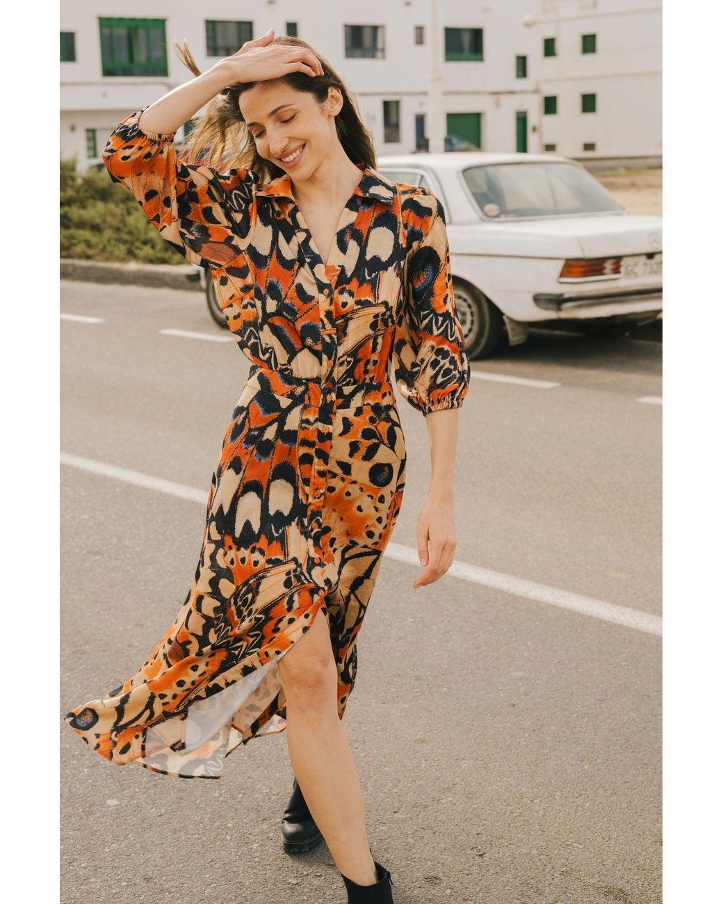 Traffic People Brown Metamorphosis And Butterfly Print Frida Midi Dress