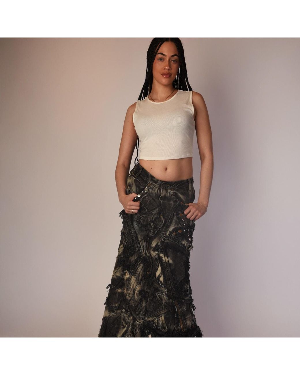 Zasta Studio Gray Shred Couture Studded Denim Skirt H
