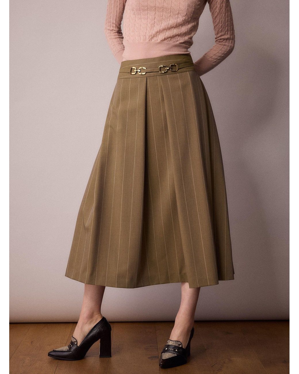 Amanda Thompson Couture Brown Marlo Box Pleat Skirt Sand Pinstripe