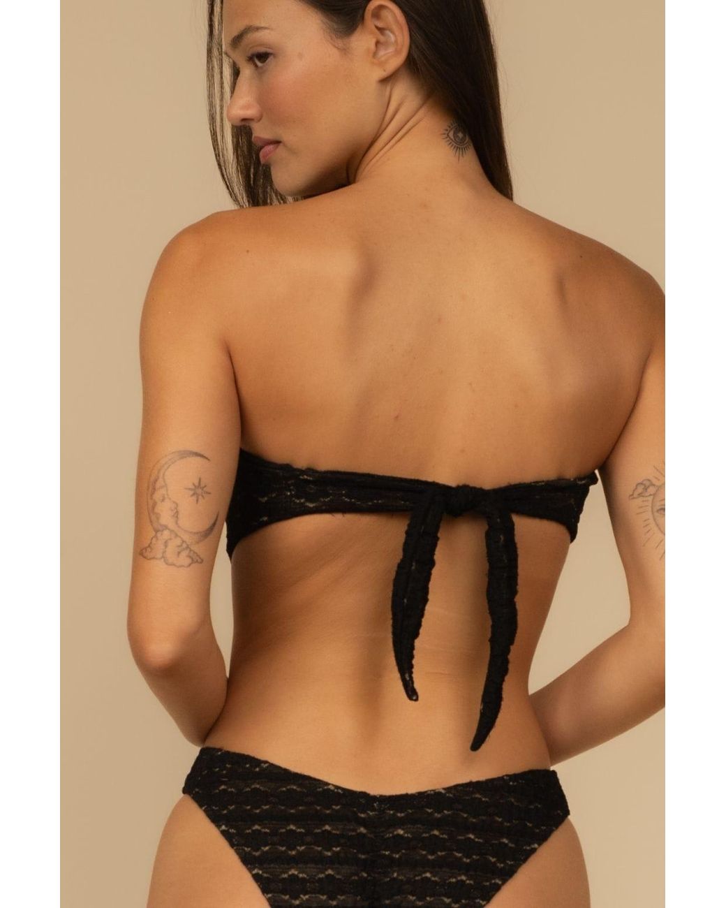 Montce Black Daisy Lace Tori Ties Bandeau Bikini Top