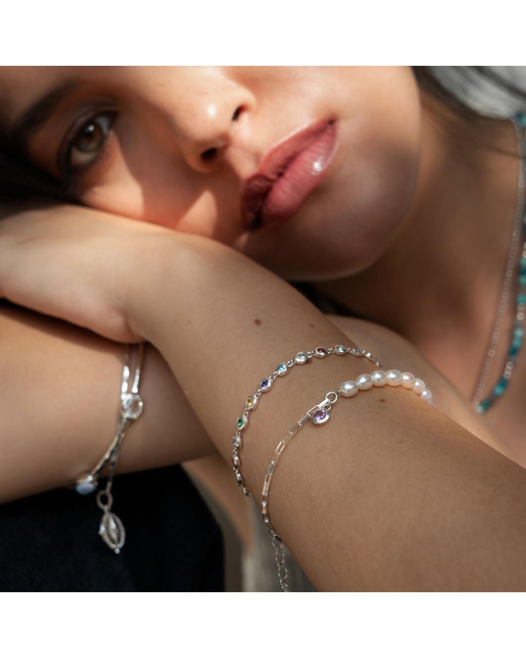 Dower & Hall White Luna Pearl & Amethyst Charm Bracelet