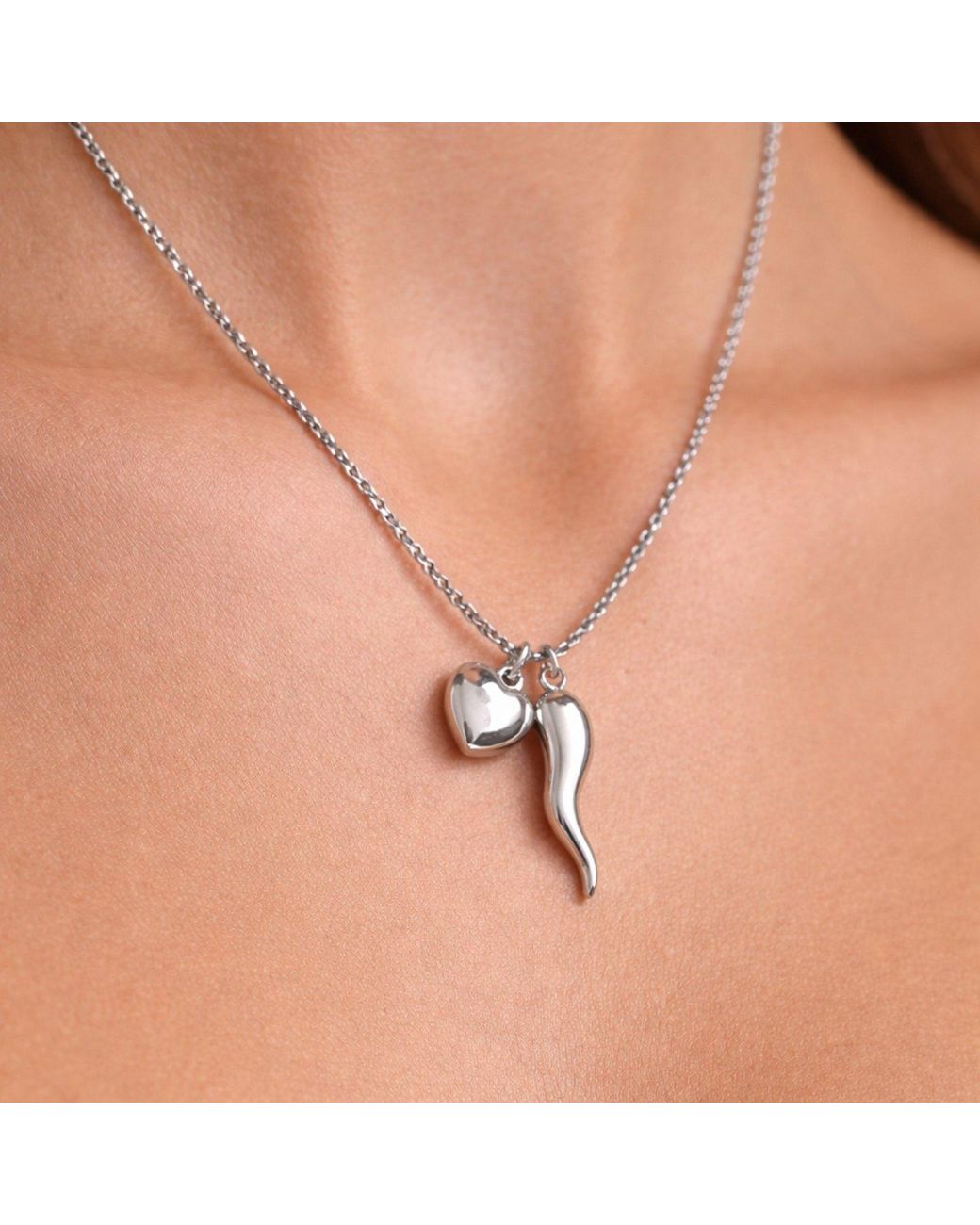 Unaloe Metallic Sterling Cornicello Necklace With Heart Charm – Italian Handmade Good Luck Symbol, Elegant Gift For Her