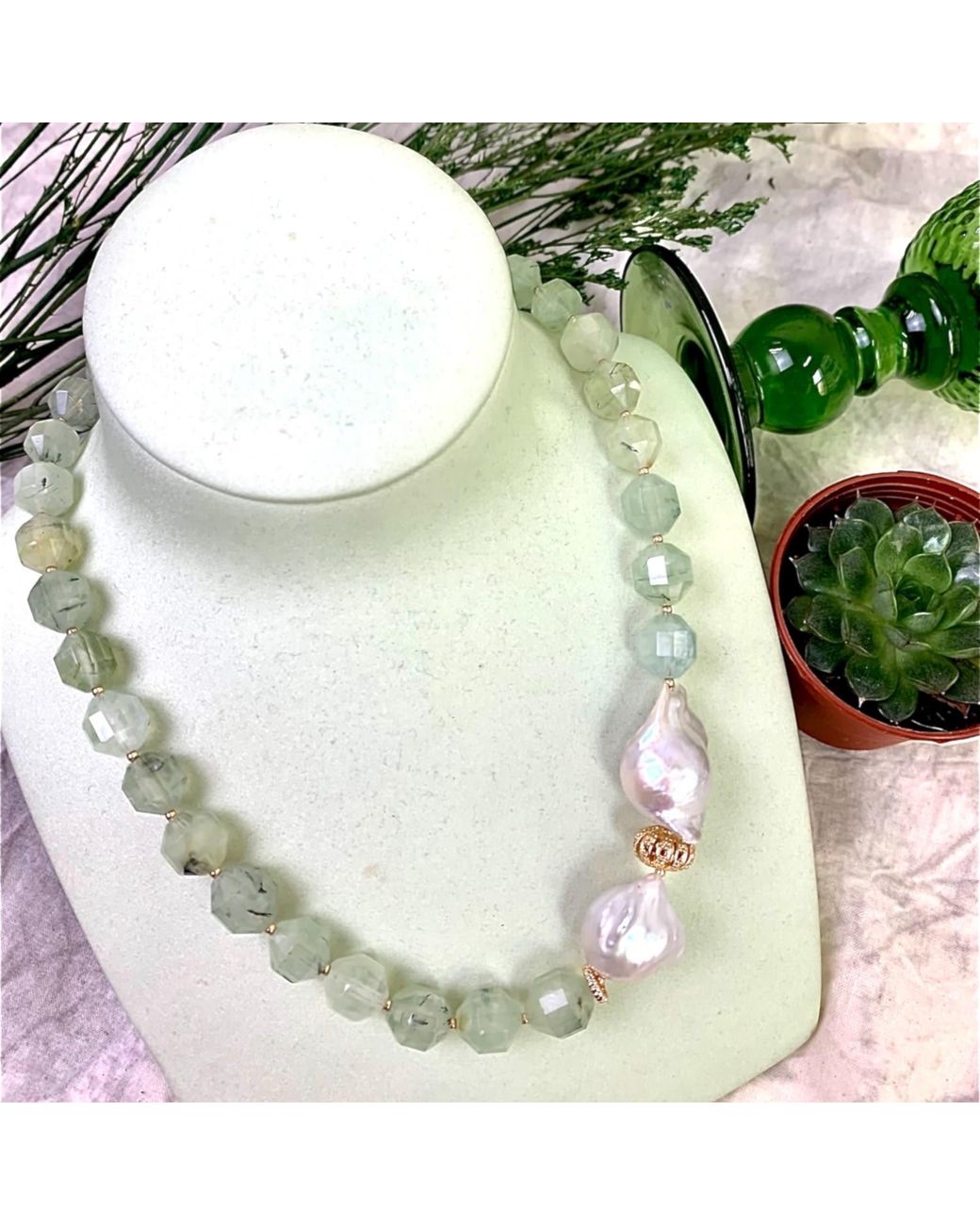 Farra Metallic Olivine With Baroque Pearl Short Necklace