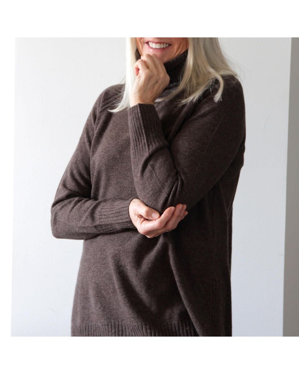 tirillm Brown Abby A Line Long Turtle Neck Pullover, Dark Melange