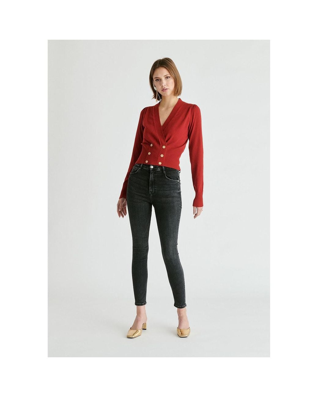 Paisie Red Long Sleeve Knitted Button Wrap Top