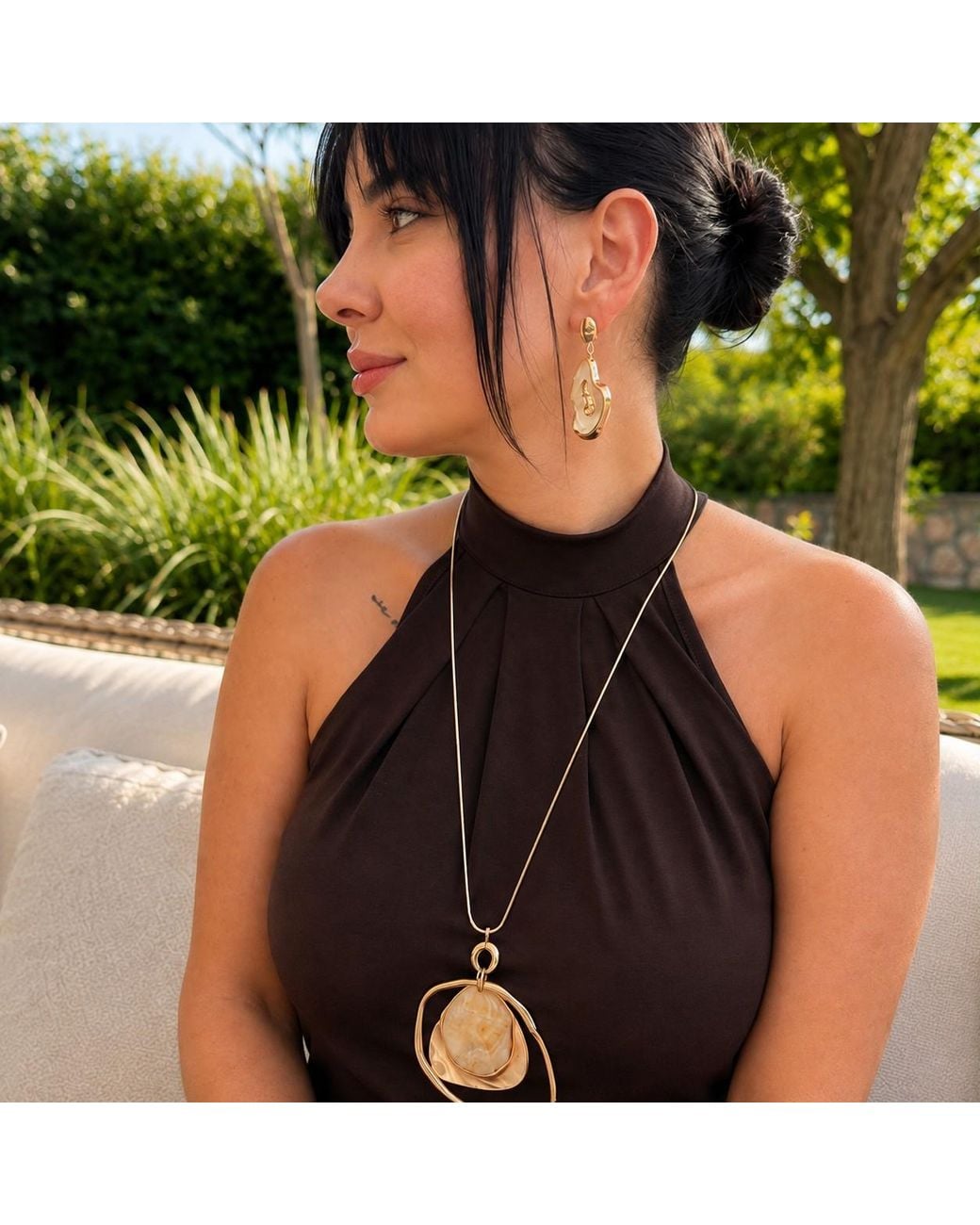 By Ozge Metallic Mother Of Pearl Plated Long Sculptural Statement Pendant Necklace