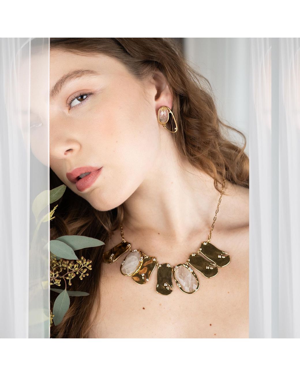 Rare Matters Jewelry Metallic Golden Wave Collar Clear Quartz Statement Necklace