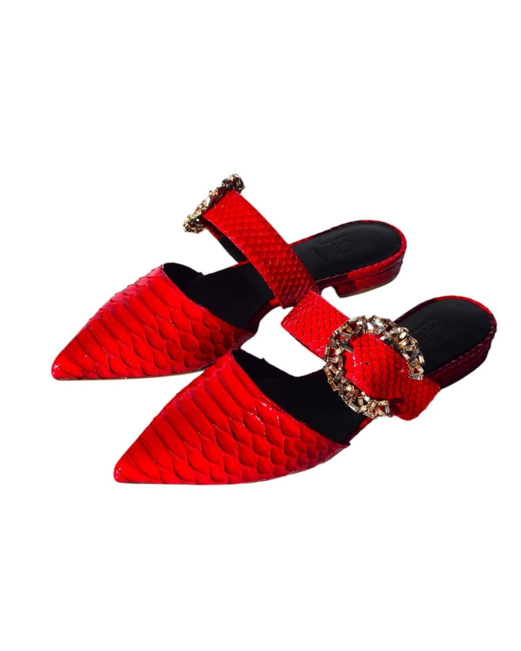 Aethra Shoes Red Adel Leather Crystal Buckle Mule Flats