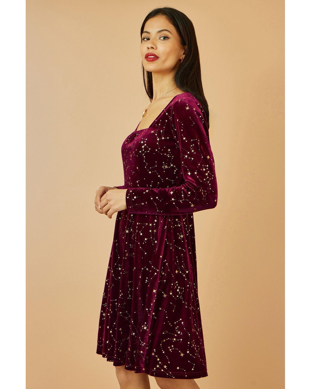 Yumi' Red Burgundy Star Foil Print Long Sleeve Skater Dress