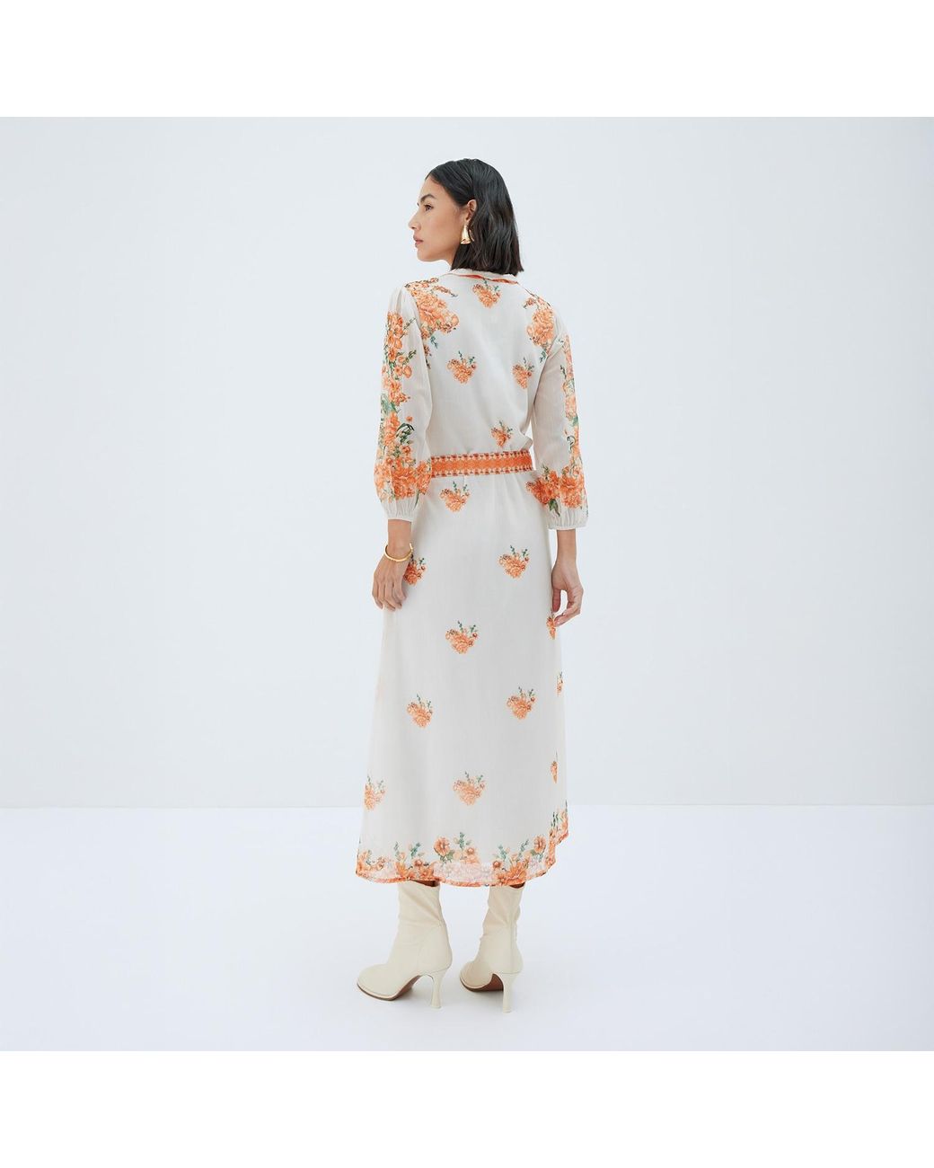 Raishma Pink Rose Floral 3/4 Length Sleeve Belted Midi Shirt Dress