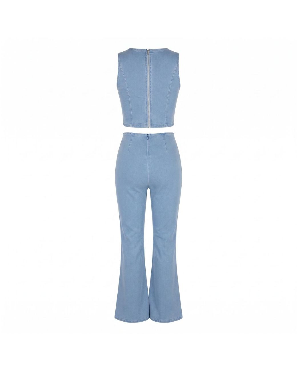 Modenaire Blue Tailored Denim Vest And Wide Leg Trouser Set