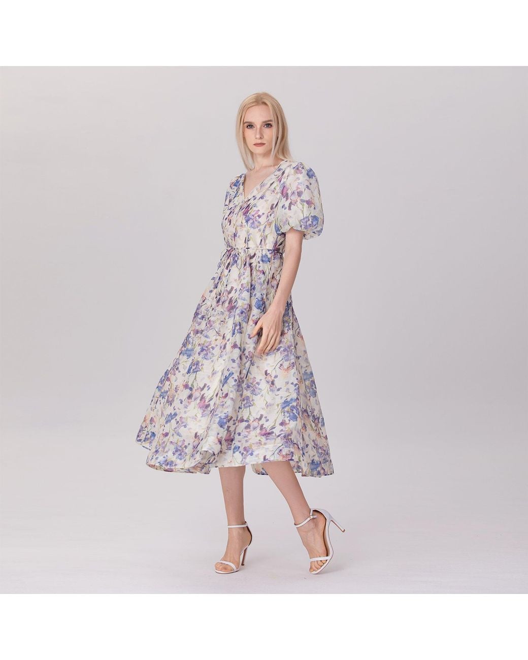 Smart and Joy Multicolor Neutrals Flower Print Fit-And-Flare Tea Organza Dress