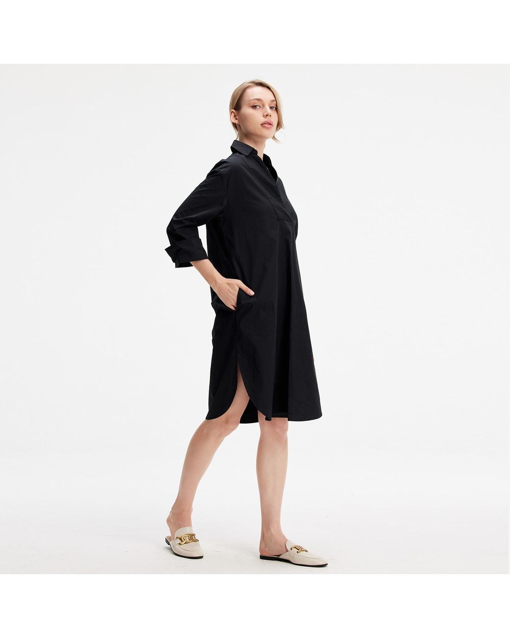 Smart and Joy Black Minimalist Cotton Shirt Dress