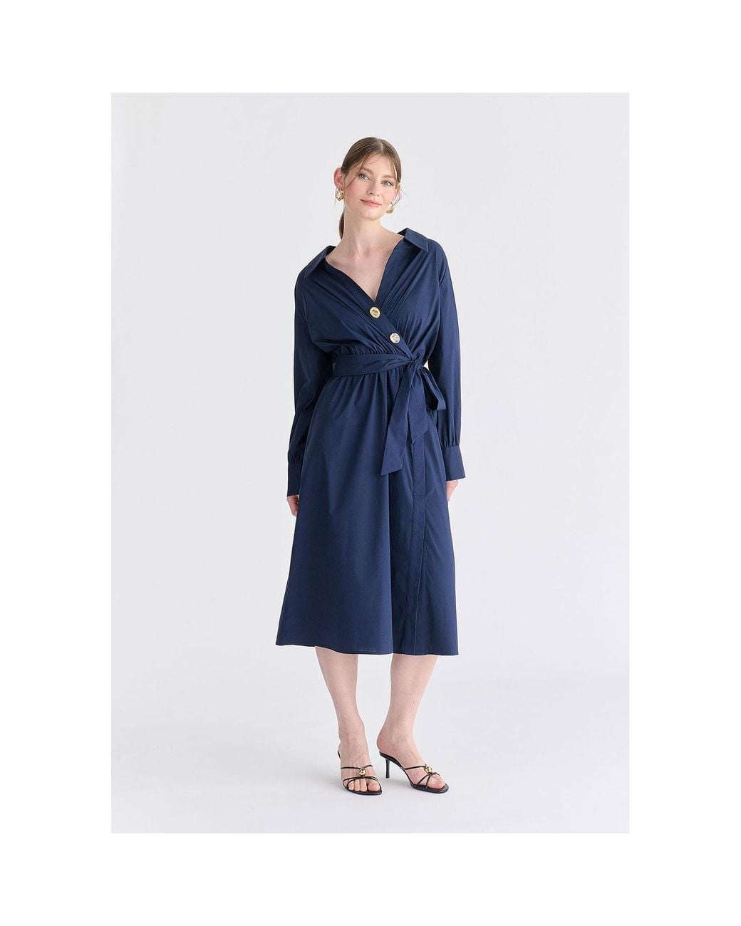 Paisie Blue Wrap Midi Shirt Dress With Metallic Button Details