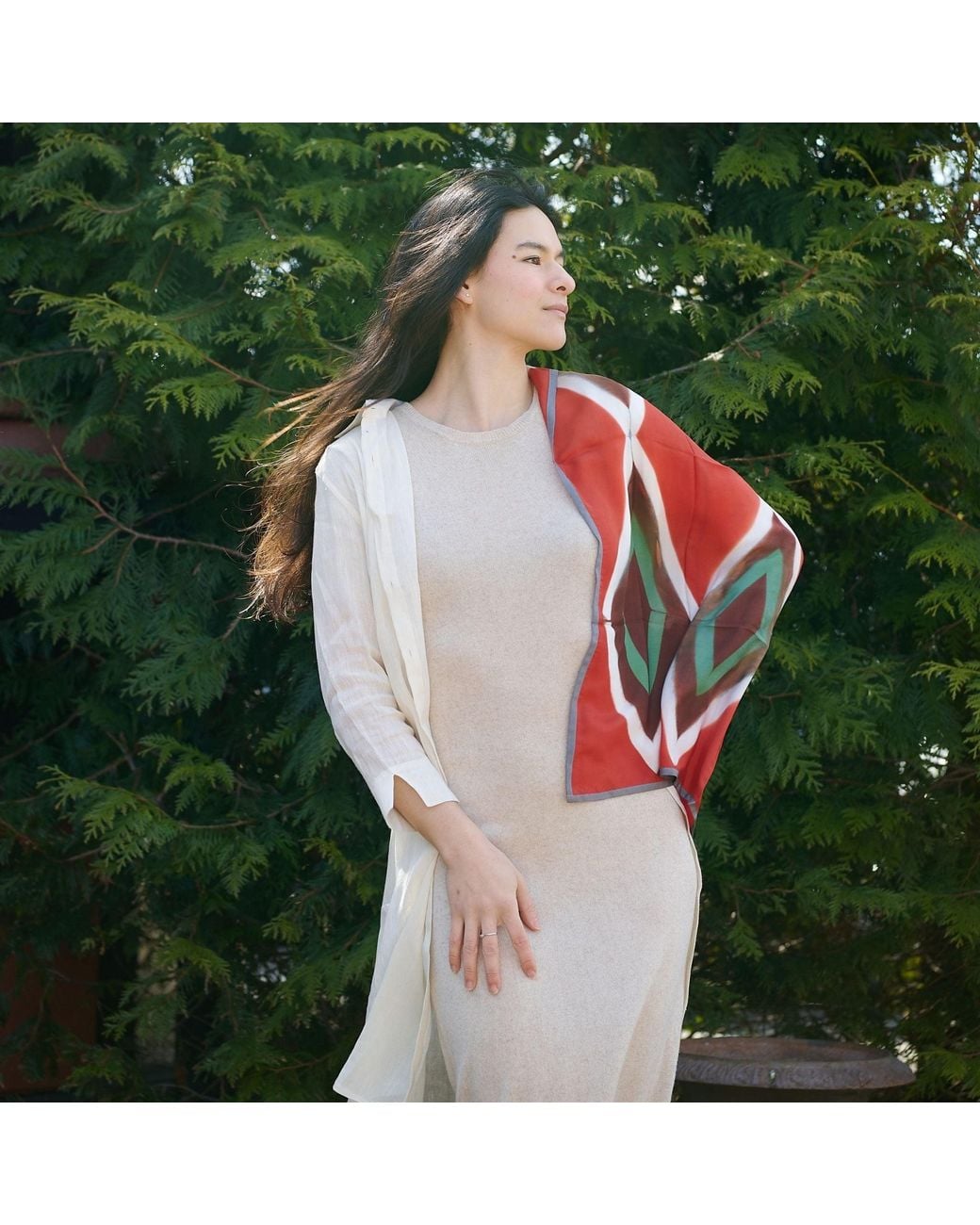Variously Red Fawn Geometrical Print Shibori Square Silk Scarf