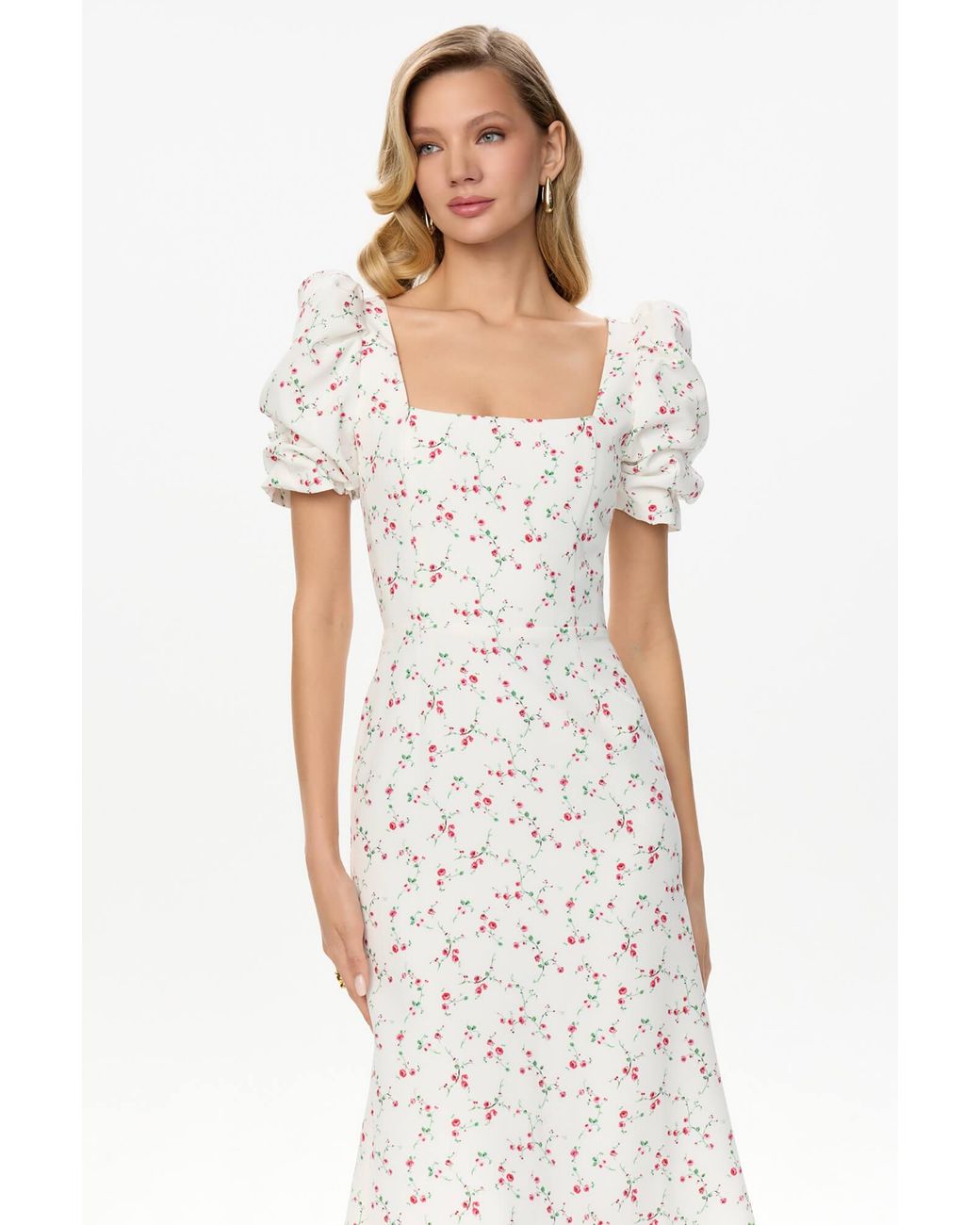 POST MERIDIEM White Raspberries Godet Silhouette Square Neck Midi Dress
