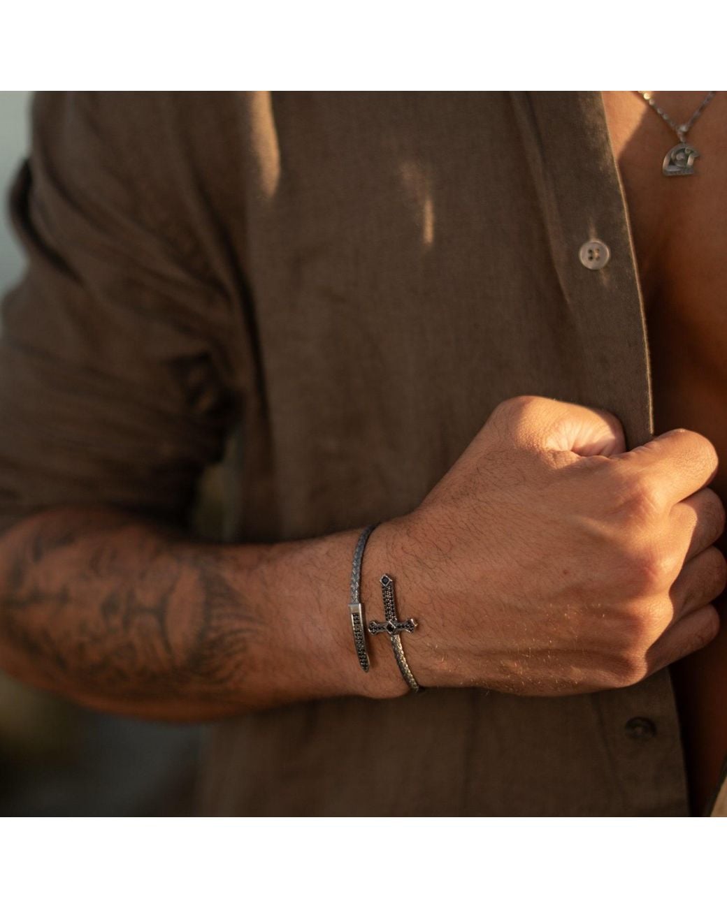Ebru Jewelry Blue Gothic Cross & Dagger Oxidized Sterling Wrap Bracelet for men