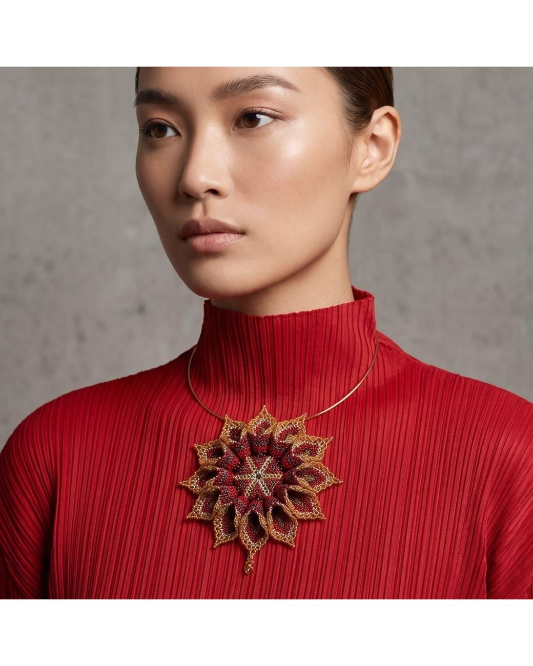 Iliana Arrazola Red Dahlia Flower Choker, Glass Beads, Beaded Jewelry